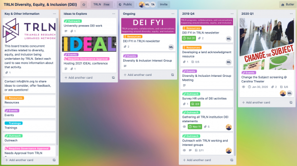 Trello board with TRLN ideas for diversity, equity, and inclusion.